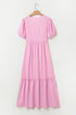 Pink Stripe V Neck Puff Short Sleeve Maxi Dress